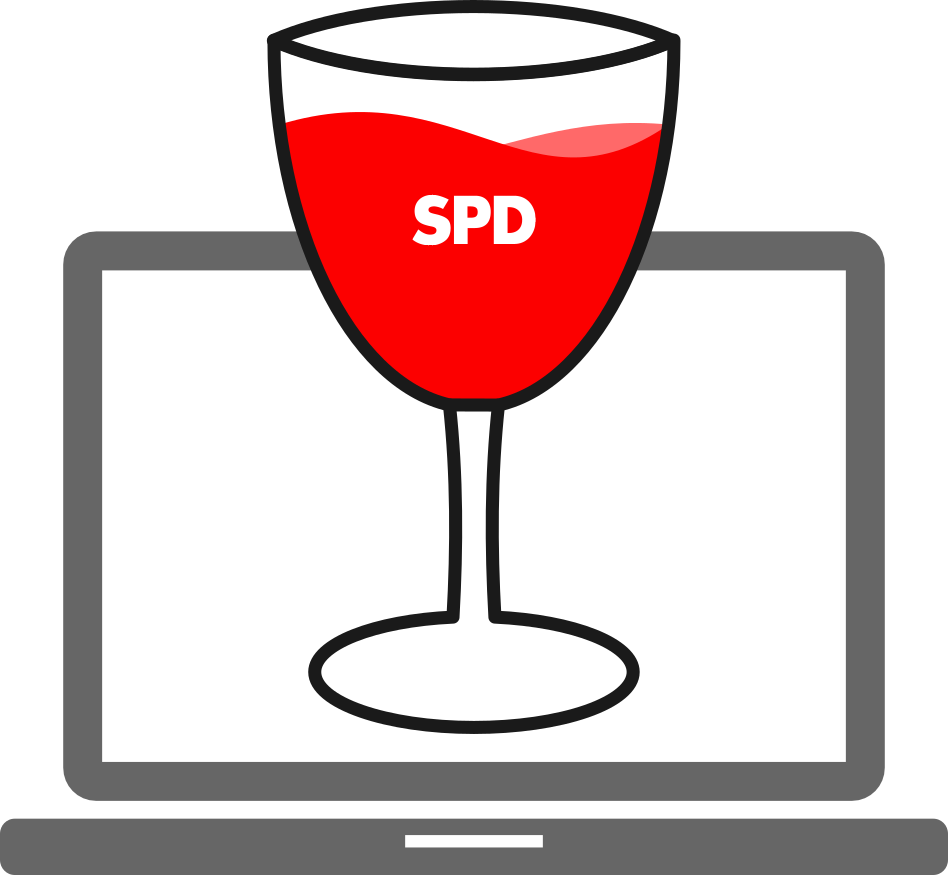 Logo digitaler Kreisstammtisch. Ein Rotweinglas mit Inschrift SPD wächst aus dem Bildschirm eines Notebooks heraus.