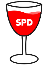 Stammtischlogo: Gezeichnetes Weinglas mit Rotwein. Im Wein der Schriftzug SPD.