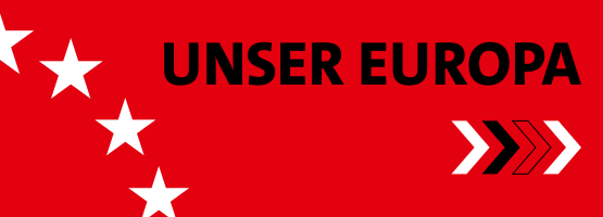 Knopf mit stilisiertem Sternenkranz der Europafahne und Aufschrift 'Unser Europa'